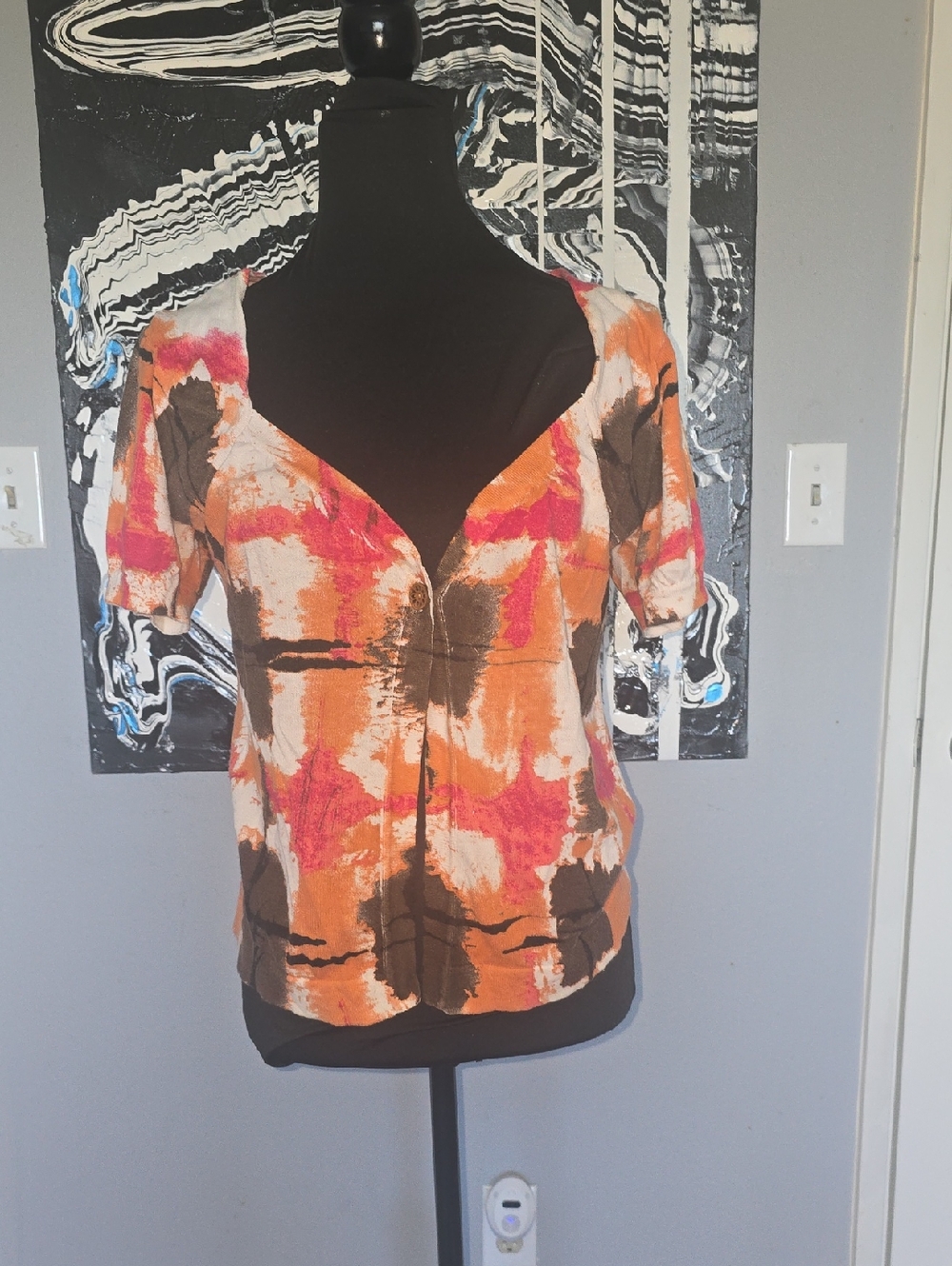 Charlotte Tarantola Orange, Pink & Brown Abstract V-Neck Top